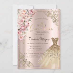 Invitation Robe dorée Roses Diamants Rose Or Quinceañera