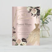 Invitation Robe dorée, roses encadrées, diamants or rose (Debout devant)