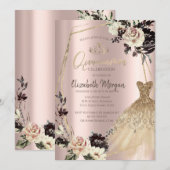 Invitation Robe dorée, roses encadrées, diamants or rose (Devant / Derrière)
