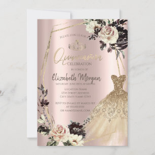 Invitation Robe dorée, roses encadrées, diamants or rose