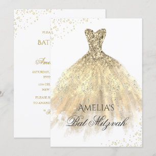 Invitation Robe dorée scintillante filles Bat Mitzvah
