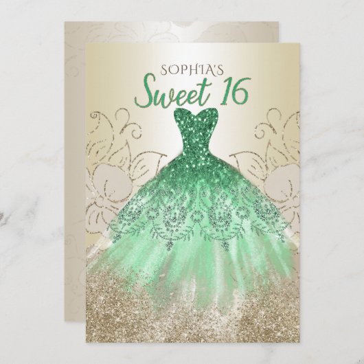 Invitation Robe dorée verte étincelante Douce 16 ans (Devant / Derrière)