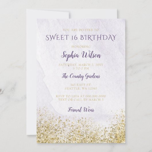 Invitation Robe dorée violet étincelante Douce 16 anniversair (Dos)