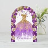 Invitation Robe dorée violet étincelante Quinceañera Arc de b (Debout devant)