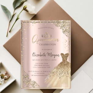 Invitation Robe doréeDiadème,Diamants Rose Gold Quinceañera