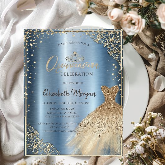Invitation  Robe doréeTiara,Diamants Quinceañera bleue