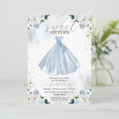 Invitation Robe Douce 16 Aquarelle Bleue Fleurs (Debout devant)