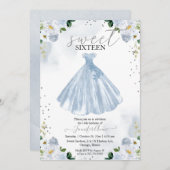 Invitation Robe Douce 16 Aquarelle Bleue Fleurs (Devant / Derrière)