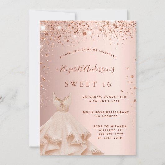 Invitation Robe douce 16 rose or parties scintillant brillant (Devant)