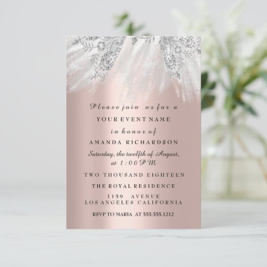 Invitation Robe Douce nuptiale 16e 15e Rose Argent Blush Gra (Debout devant)