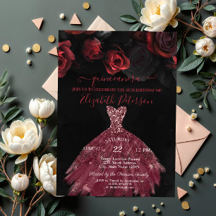 Invitation Robe élégante chic Fleurs rouges Quinceañera