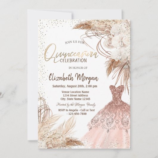 Invitation Robe élégante, Confetti Boho Fleurs Quinceañera (Devant)