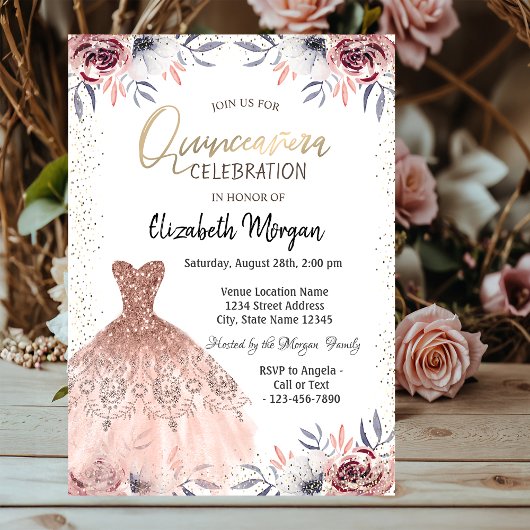 Invitation Robe élégante, Confetti Rose Quinceañera