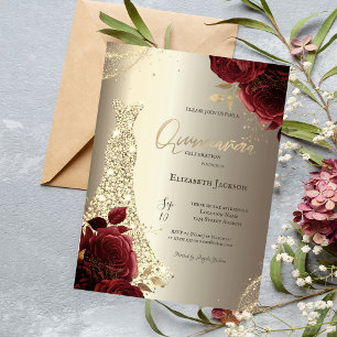 Invitation Robe élégante de luxe Quinceañera roses rouges or