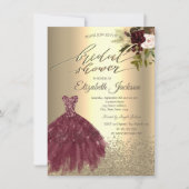 Invitation Robe élégante Diamants Or, Fête des mariées Fleurs (Devant)