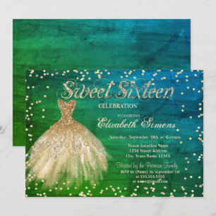 Invitation Robe élégante dorée diamants verts Sweet 16