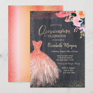 Invitation Robe Élégante, Fleurs Plume Quinceanera