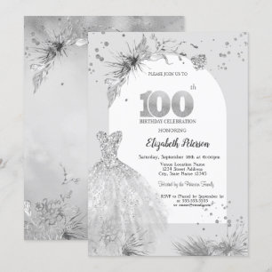 Invitation Robe Élégante Hiver Gris 100ème Anniversaire