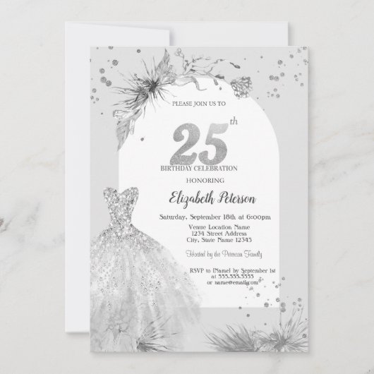 Invitation Robe Élégante Hiver Gris 25e Anniversaire (Devant)