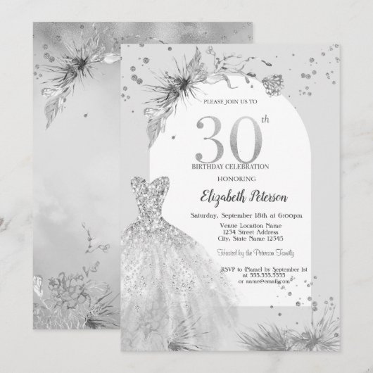 Invitation Robe Élégante Hiver Gris 30e Anniversaire (Devant / Derrière)