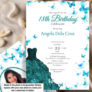 Invitation Robe élégante papillons sarcelle Début 18e anniver