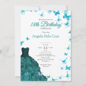 Invitation Robe élégante papillons sarcelle Début 18e anniver (Devant)