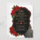 Invitation Robe élégante Quinceanera Roses rouges Noir et Or (Devant)