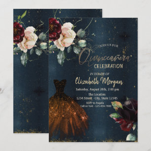 Invitation Robe Élégante, Roses Foncé Robe de Quinceañera Ble