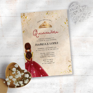Invitation Robe élégante rouge doré vintage Quinceañera 
