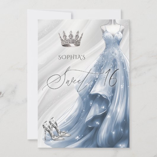 Invitation Robe élégante Silver Dusty Blue Sparkle Sweet 16 (Devant)