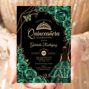 Invitation Robe émeraude or Quinceanera Fleurie