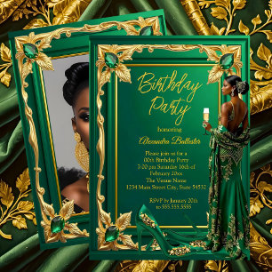 Invitation Robe émeraude verte dorée à talons hauts pour fête