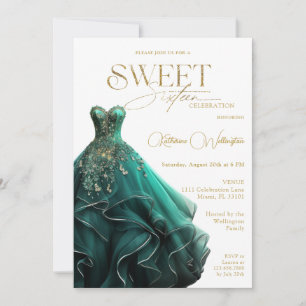 Invitation Robe émeraude verte Sweet 16 dorée
