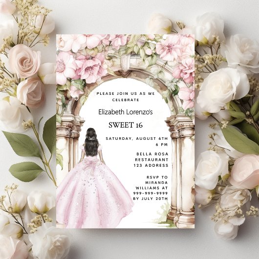 Invitation Robe en arc de fleurs roses Sweet 16