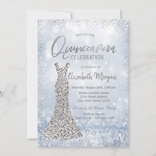 Invitation Robe en argent Sequins Confetti Bokeh Quinceañera (Devant)