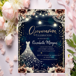 Invitation Robe en dentelle et diamants, Quinceañera bleu fon