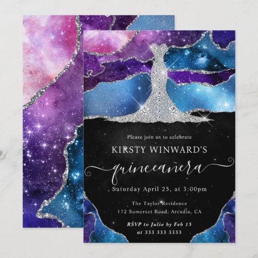Invitation Robe en diamant et galaxie Agate Quinceanera (Devant / Derrière)