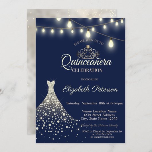 Invitation Robe en diamants d'or Quinceañera (Devant / Derrière)