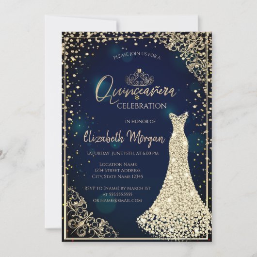 Invitation Robe en diamants Tiara Marine bleu Quinceañera (Devant)