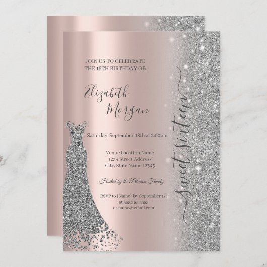 Invitation Robe en Parties scintillant d'argent Diamond Rose (Devant / Derrière)