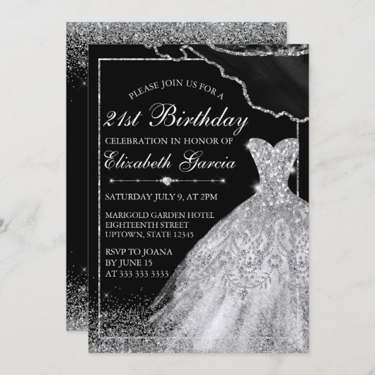 Invitation Robe et agate d'aquarelle d'argent 21e anniversair (Devant / Derrière)