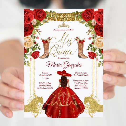 Invitation Robe et bottes Red Charro Mexique Mis Quince