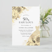 Invitation Robe et fleurs dorée Femme 50e anniversaire (Debout devant)