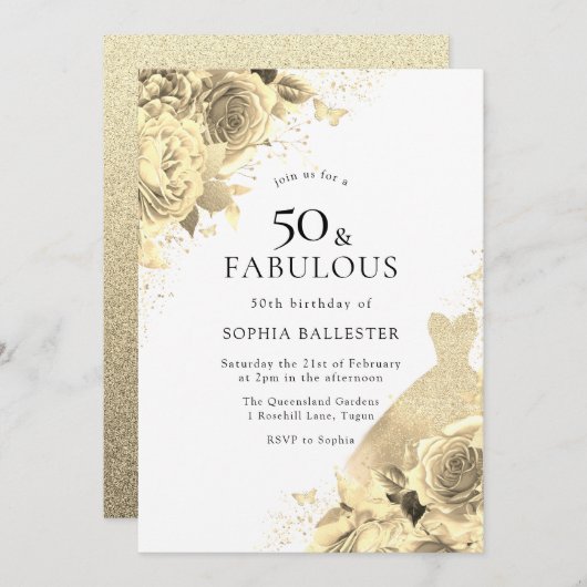 Invitation Robe et fleurs dorée Femme 50e anniversaire (Devant / Derrière)
