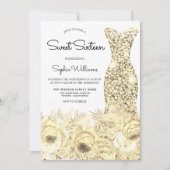 Invitation Robe et fleurs dorées Douce 16 Partie (Devant)
