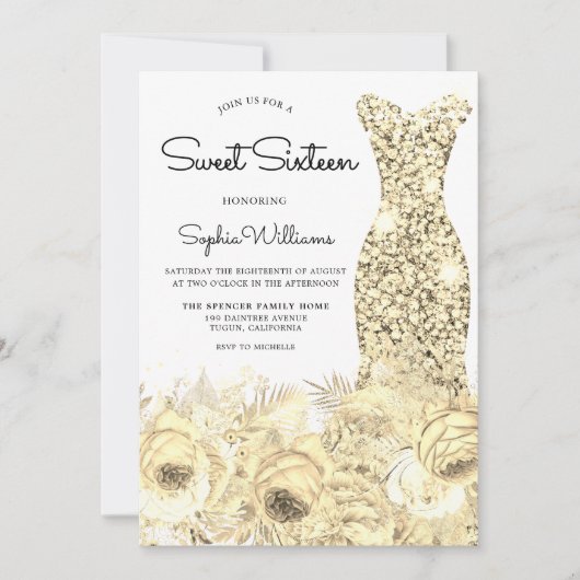Invitation Robe et fleurs dorées Douce 16 Partie (Devant)