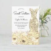 Invitation Robe et fleurs dorées Douce 16 Partie (Debout devant)