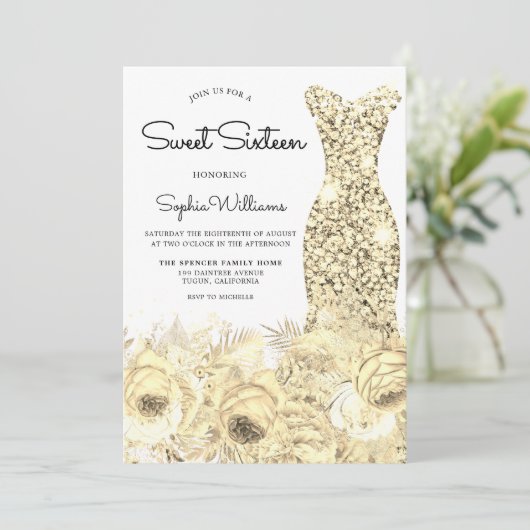 Invitation Robe et fleurs dorées Douce 16 Partie (Debout devant)