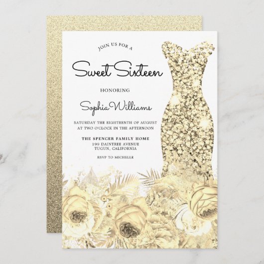 Invitation Robe et fleurs dorées Douce 16 Partie (Devant / Derrière)