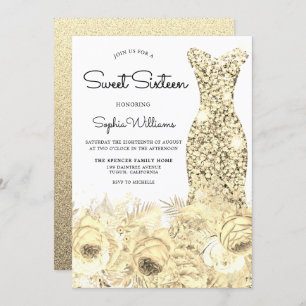 Invitation Robe et fleurs dorées Douce 16 Partie